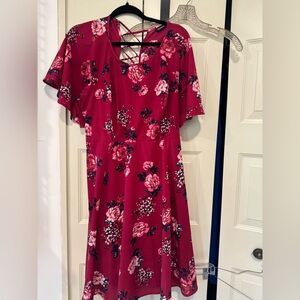 Torrid Burgundy Floral Knee Chiffon Length Lace up back dress Size 16